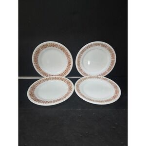 Pyrex Copper Filigree Salad Plates, 6.5" Milk Glass, Corning Tableware, Set of 4